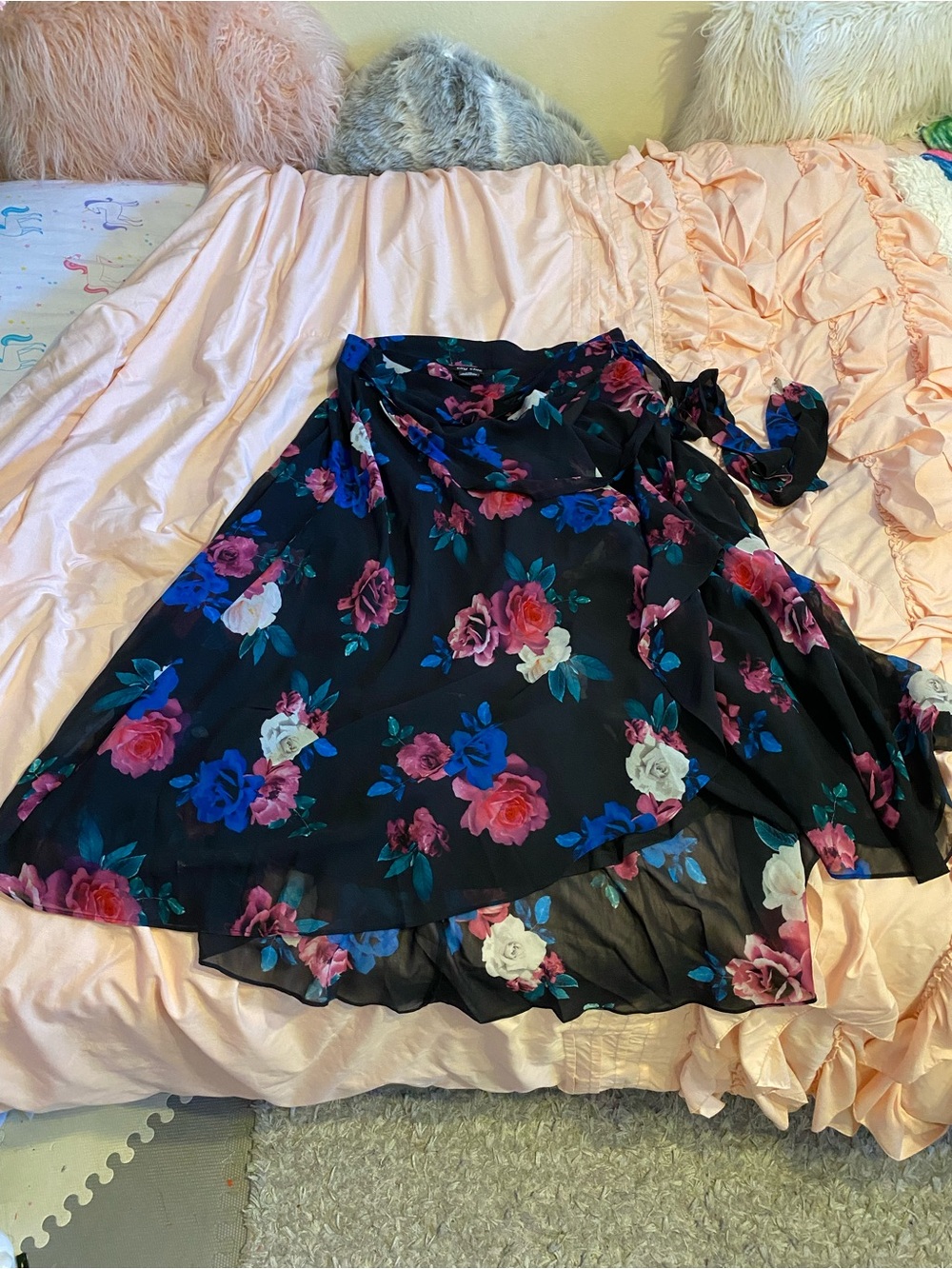 City Chic Black Floral Plus Size Wrap Skirt with Pink, Blue & White Roses